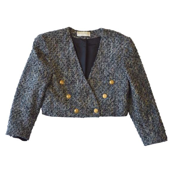 Vintage Jackets & Blazers - Vintage Michelle Stuart Cropped Tweed Blazer with Gold Buttons - Size 10